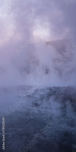 Mountain hot spring, close up, steam rising, twilight ambiance