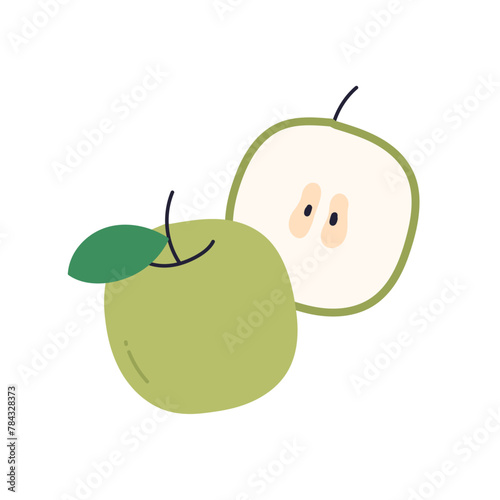 Fresh apple and leaves, natural organic snack, healthy vitamin food, whole ripe fruit with stem, natural ripe eating food, garden fruit flat vector illustration.	
