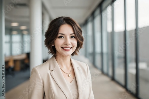 Stylish senior businesswoman confidently standing against a modern office background with copy space. © PNG&Background Image