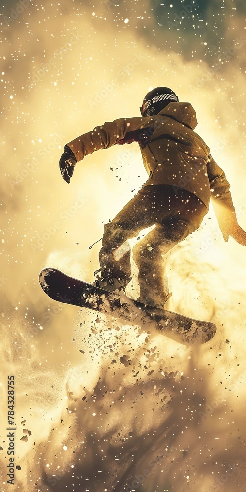 Snowboarder jumping, close up, low angle, backlight, snow dust Snowboarder jumping, close up, low angle, backlight, snow dust