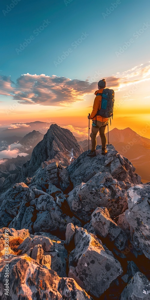 Hiker on peak, close up, over shoulder view, sunset, wide lens 