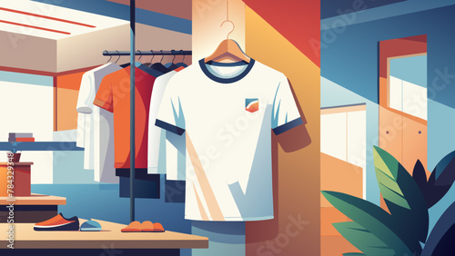 A mock-up of a white T-shirt on a neutral background with plants, a brand of a new clothing line, a white T-shirt hanging on a Scandinavian-style hanger.Scandinavian style: a mockup of a white 