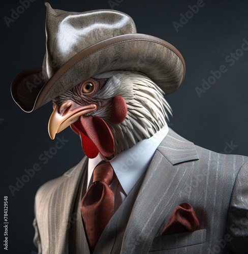 Gentleman, boss rooster with red crest in hat, suit and tie. Banner header. AI generated.