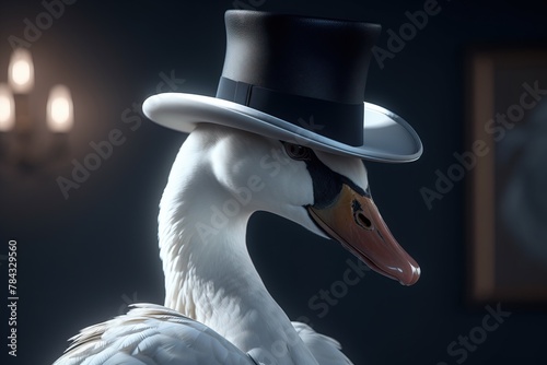 Gentleman white swan in a hat, on a black background. AI generated.