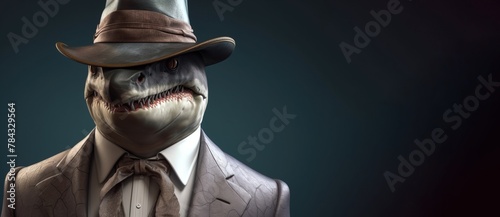 Gentleman shark boss in hat, suit and tie. Banner header. AI generated.