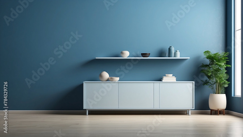 A blue wall with a white TV stand  lamp  and plants.