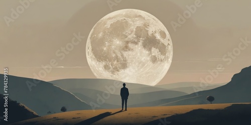 Person stands on top of a hill looking at a big white moon photo