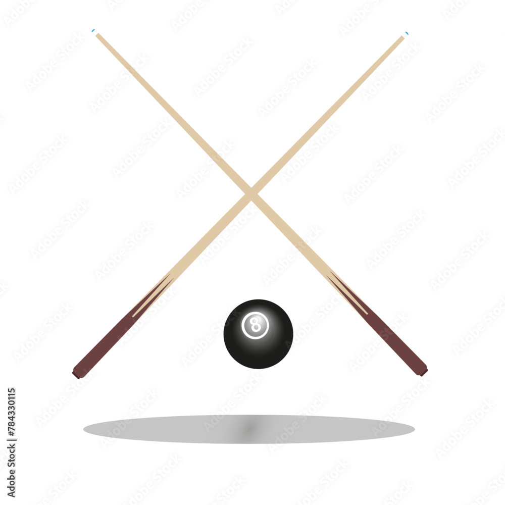 Deux queues de billard en croix avec bille numéro 8, sur fond blanc Deux queues de billard en croix avec bille numéro 8, sur fond blanc