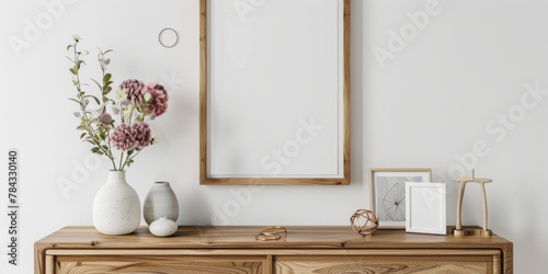 Mock up frame in home interior background, white room with natural wooden furniture, 3d render, 3d illustration