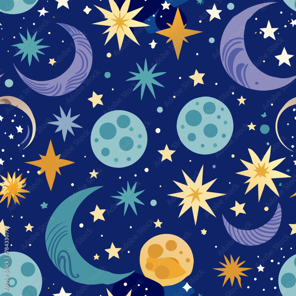 Seamless Pattern Inspired by Celestial Elements Such as Stars and Moons, Cosmic Background, Space Illustration