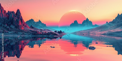 Fantasy Alien Planet Landscape with Mountains and Lake