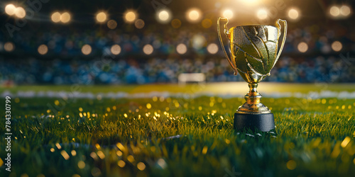 Soccer cup trophy standing proudly on field with stadium in the distance