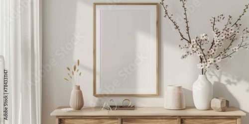 Mock up frame in home interior background  white room with natural wooden furniture  3d render  3d illustration