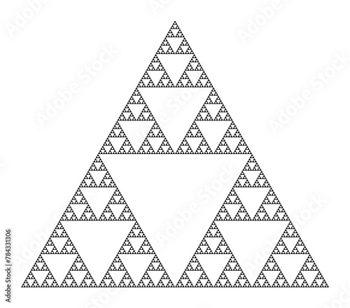 Sierpinski triangle, a plane fractal, seventh iteration step. Starting with a triangle, subdivided into four smaller triangles, removing the central one. Repeating step two with each smaller triangle.