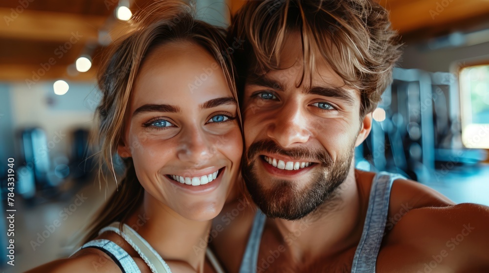 A young woman and her handsome boyfriend smile brightly as they take a selfie at an aquatic fitness center. Their true happiness radiates through the reflection of the joy of their friendship. A young woman and her handsome boyfriend smile brightly as they take a selfie at an aquatic fitness center. Their true happiness radiates through the reflection of the joy of their friendship.