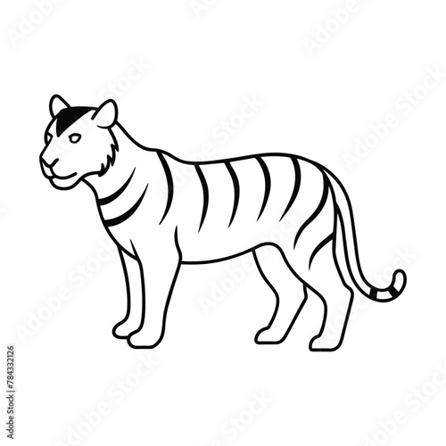 Line art illustration of a tiger in black and white