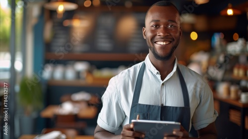 Smiling Waiter Holding Digital Tablet
