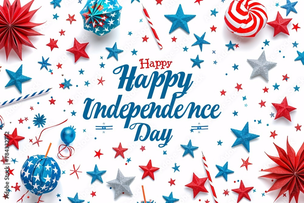 A festive card celebrating Independence Day adorned with red, white, and blue stars in patriotic colors A festive card celebrating Independence Day adorned with red, white, and blue stars in patriotic colors