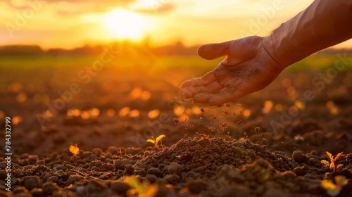 The warm golden sunset illuminates a hand scattering seeds into fertile earth, symbolizing growth, potential, and the cycle of life