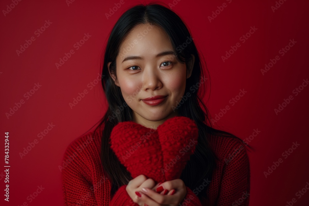 A serene woman gently holds a knitted heart against a red background, symbolizing love and affection A serene woman gently holds a knitted heart against a red background, symbolizing love and affection