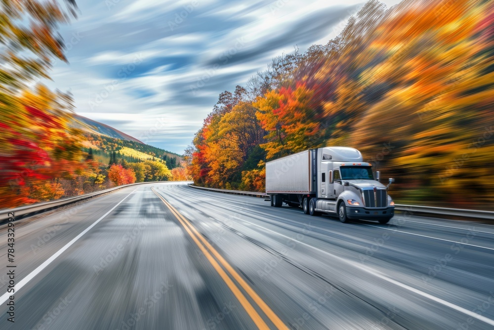 A semi-truck is captured in motion on a vibrant autumn road, showcasing the beauty of seasonal change and the dynamism of transportation - obrazy, fototapety, plakaty 