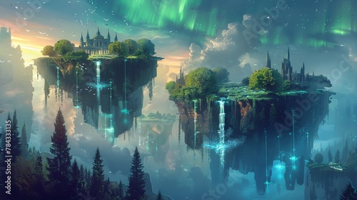 A breathtaking fantasy landscape featuring majestic floating islands beneath a colorful aurora borealis
