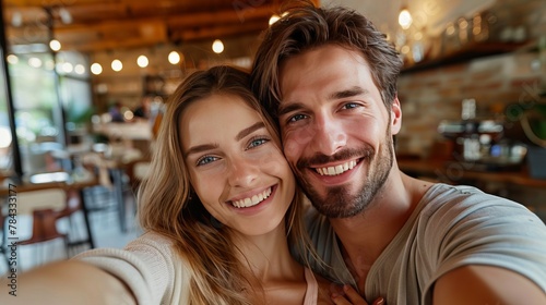 A young woman and her handsome boyfriend smile brightly as they take a selfie at a coffee shop. Their true happiness radiates through the reflection of the joy of their friendship.