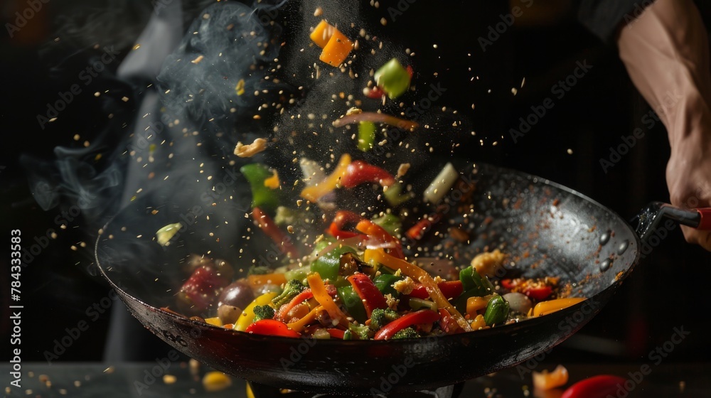 Colorful mix of vegetables being cook in a wok pan in a dark environment, while the chef is throwing them up. Colorful mix of vegetables being cook in a wok pan in a dark environment, while the chef is throwing them up.