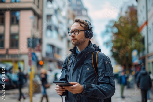 A man in glasses and headphones focused on his phone amidst the urban environment, representing modern lifestyle photo