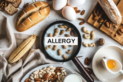 Foods known for causing allergies like peanuts and wheat are inspected with 'ALLERGY' in the magnifying glass photo