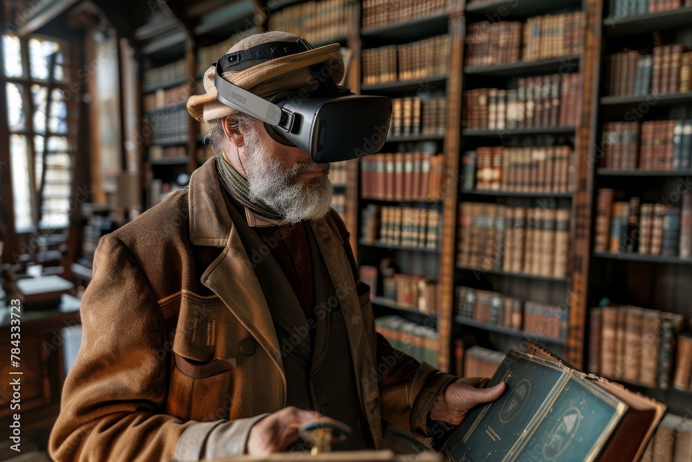 Capturing the fusion of traditional and digital worlds with an elderly man using VR in an antique library