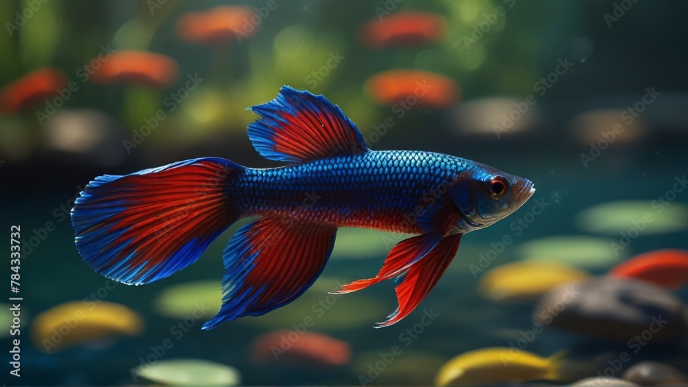 A dazzlingly vibrant Betta fish gracefully gliding through the sun-dappled surface of a crystal-clear pond, revealing colorful pebbles beneath. This stunning scene is captured in a beautifully detaile A dazzlingly vibrant Betta fish gracefully gliding through the sun-dappled surface of a crystal-clear pond, revealing colorful pebbles beneath. This stunning scene is captured in a beautifully detaile