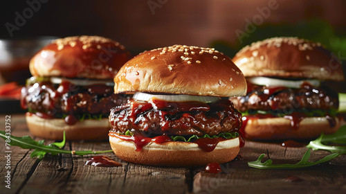 Savory Teriyaki Delight: Appetizing Product Photography of Gourmet Burgers with Special Teriyaki Sauces on Wooden Board Plates
