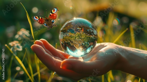 Earth crystal glass globe ball in human hand, flying peacock eye butterfly, grass background. Saving environment, save clean green planet, ecology concept. Card for World Earth Day.
