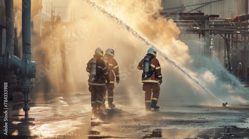 firefighters spraying water in fire fighting operation,Fire and rescue training school regularly