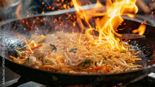 fried noodles cook in pan with big fire flame is hong kong style. Pad Thai favorite and famous Asian Thai street fast food in hot pan 