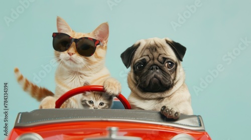 Funny pug dog and cat with sunglasses in toy car on light blue background