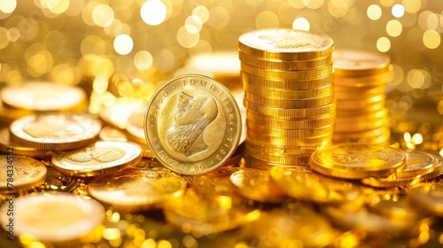 Gold bullion on pile gold coins at trading chart background