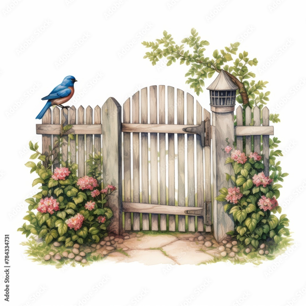 A watercolor painting of a wooden garden gate with a bluebird perched on top. There are pink flowers and green bushes on either side of the gate.