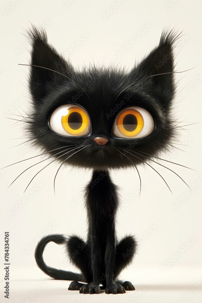 Chat noir  mignon, sur fond blanc isolé, animal domestique aux grand yeux , ia générative