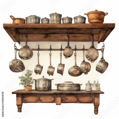 A watercolor illustration showcasing an array of pots and pans neatly arranged and hanging from a rustic wooden kitchen shelf.