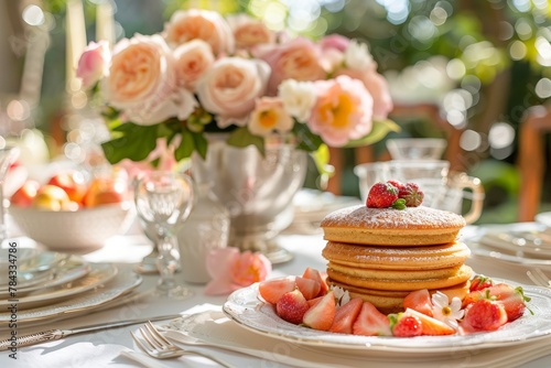 A Mother Day brunch table set for a family with pastel decorations, flowers, creating a heartwarming scene against a sunny garden background