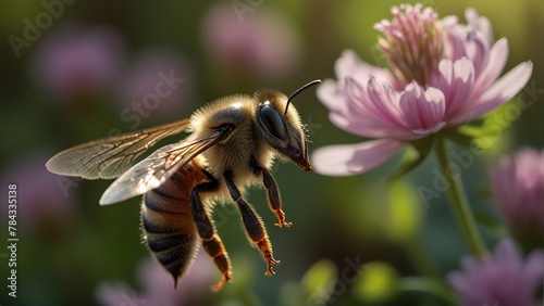 A delicately hovering bee, wings shimmering in the gentle sunlight, alights gracefully on a vibrant clover flower. The intricate details of the bee's fuzzy body and the delicate petals of the flower a