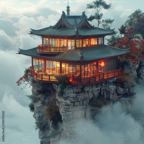 Floating tea gardens in the sky, serene gatherings above the clouds 