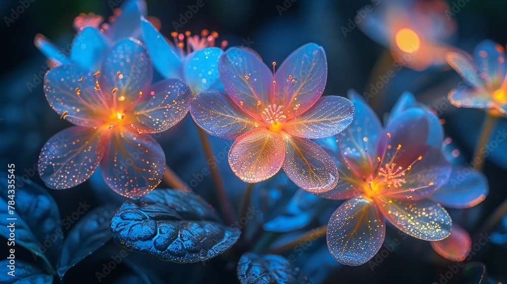Glowing flowers under a high-tech foliage canopy, bioluminescence meeting technology Glowing flowers under a high-tech foliage canopy, bioluminescence meeting technology