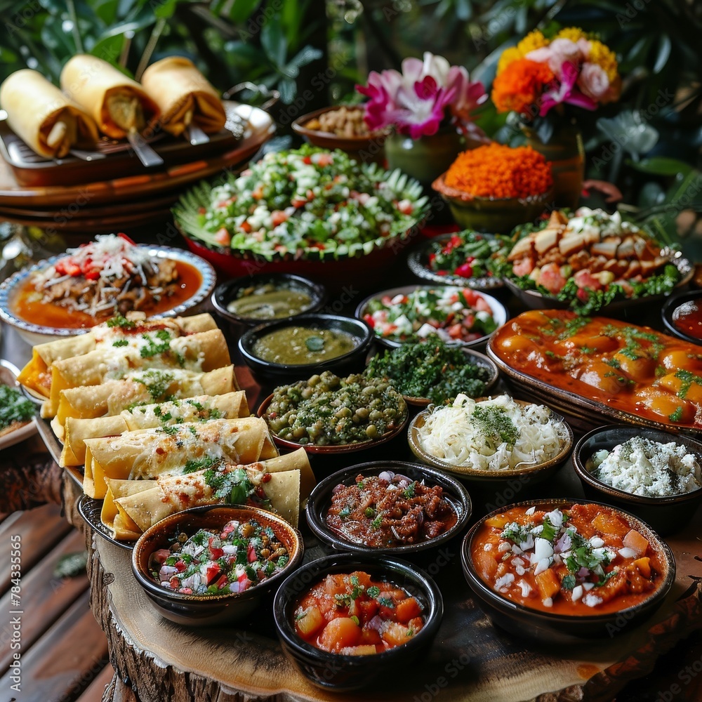 Traditional Mexican food spread at a family reunion with enchiladas, tortas, tamales and festive decor