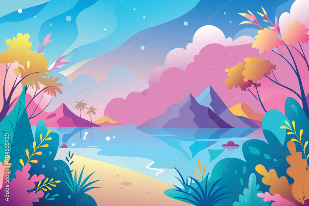 Colorful vector artwork of a sunset with mountains, palm trees, and a tranquil beach