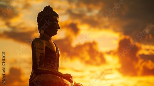 Silhouette at sunset of Big golden buddha  back light.