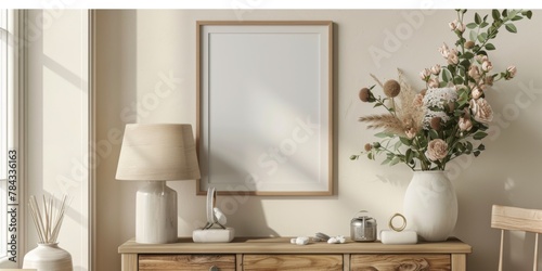Mock up frame in home interior background, white room with natural wooden furniture, 3d render, 3d illustration  © MUS_GRAPHIC