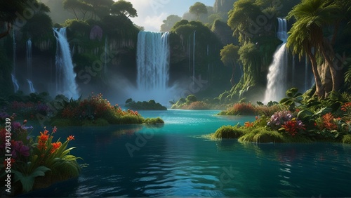 A fantastical display of ethereal floating islands, each one covered in vibrant flora and cascading waterfalls, beckoning viewers to immerse themselves in a world of wonder. This stunning scene is dep